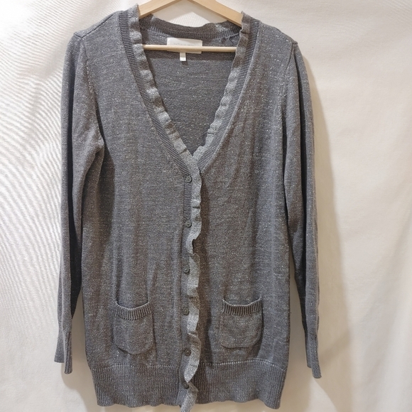 Victoria's Secret Shimmer Sparkle Cardigan Ruffle Metallic Longline Gray Large L - Picture 2 of 9